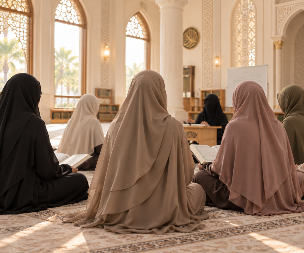 Women learning about haya in Islam at the masjid