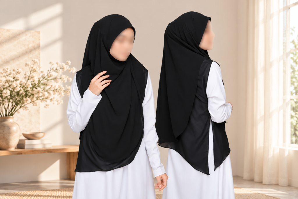 Safya Clipe khimar in black, front and back view