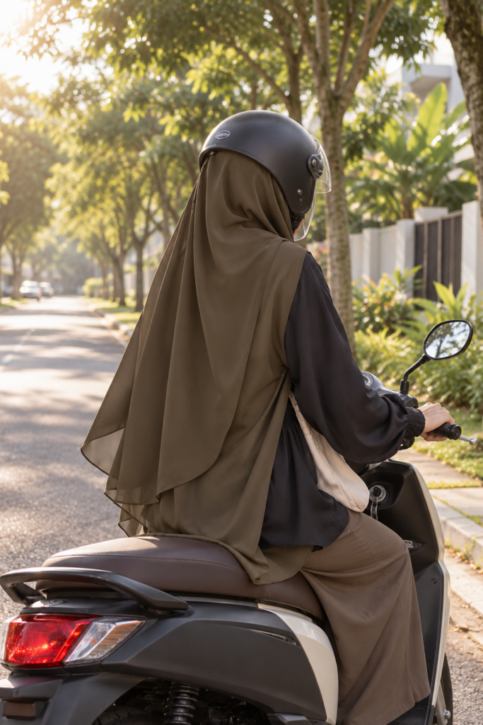 Safya Clipe khimar stays down while riding a motorbike