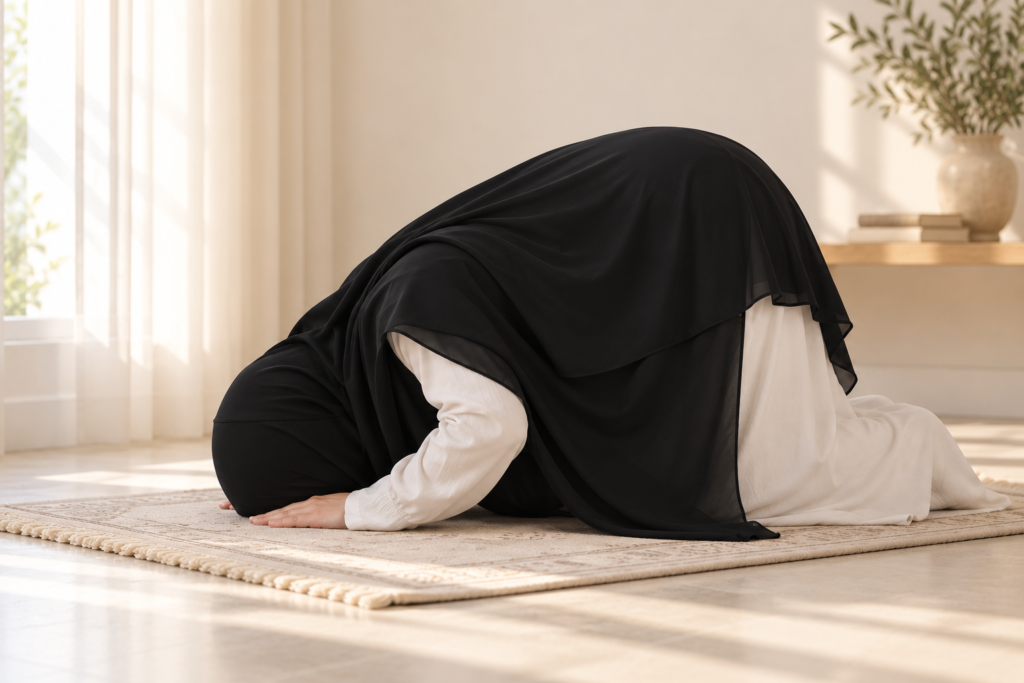 Praying in Safya Clipe, the khimar stays in place during sujood