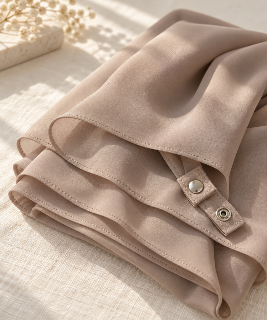 Safya Clipe in Tiramisu, soft pearl chiffon with the snap clipe