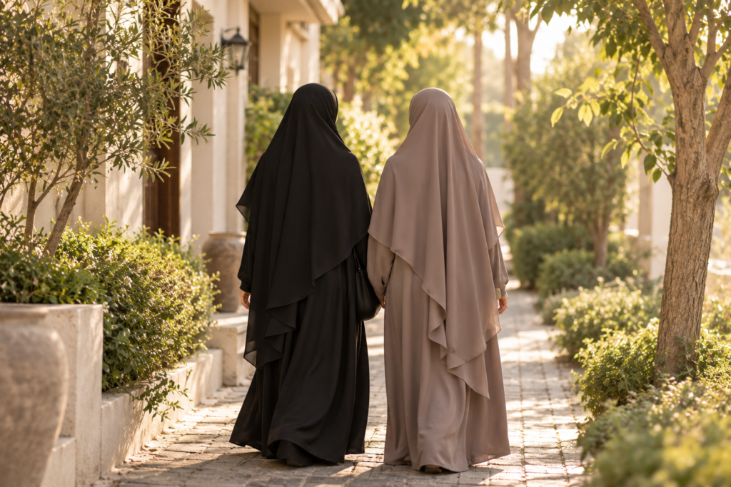 Sisters wearing SHESHAWLS khimar with grace and modesty