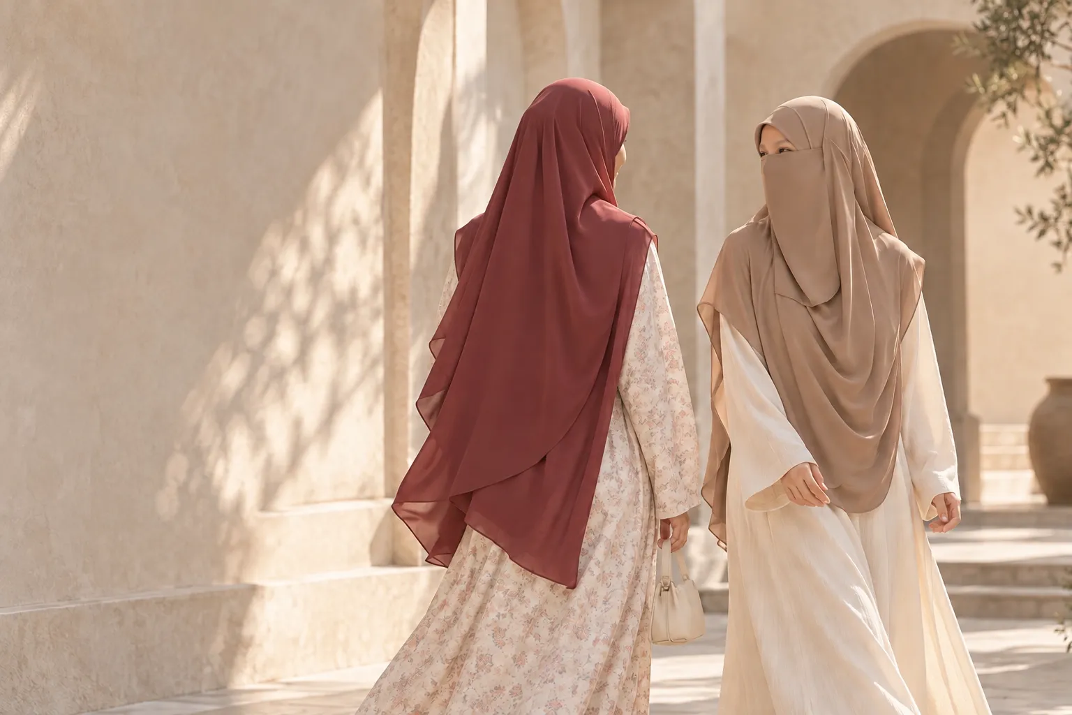 Two women in Safya Clipe khimar walking in a courtyard